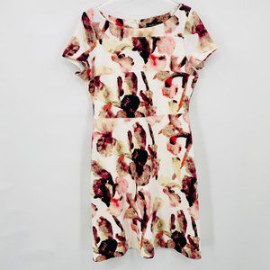 Ivanka Trump Size 12 White Pink Floral Short Sleeve A-Line Textured Career Dress